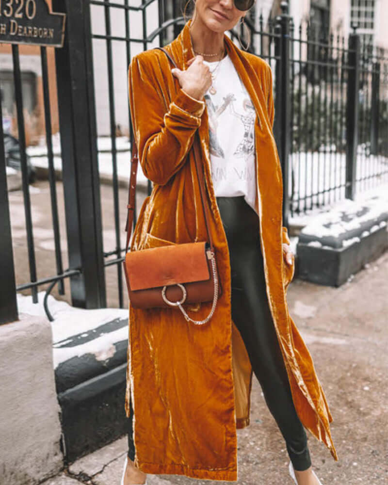 Women's Long Velvet Duster Cardigan, view 10 - Elena Harper