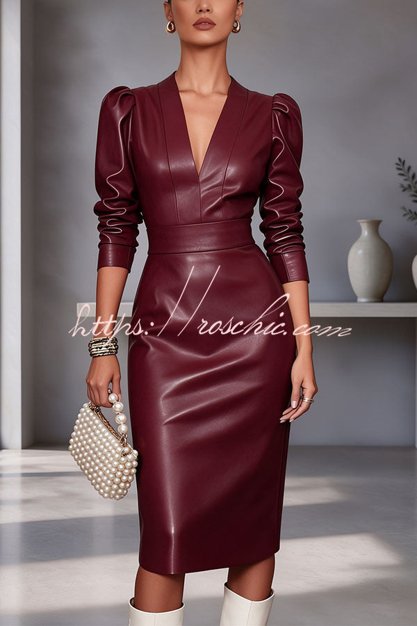 Faux PU Leather V-Neck Long Sleeve Stretch Pencil Midi Dress