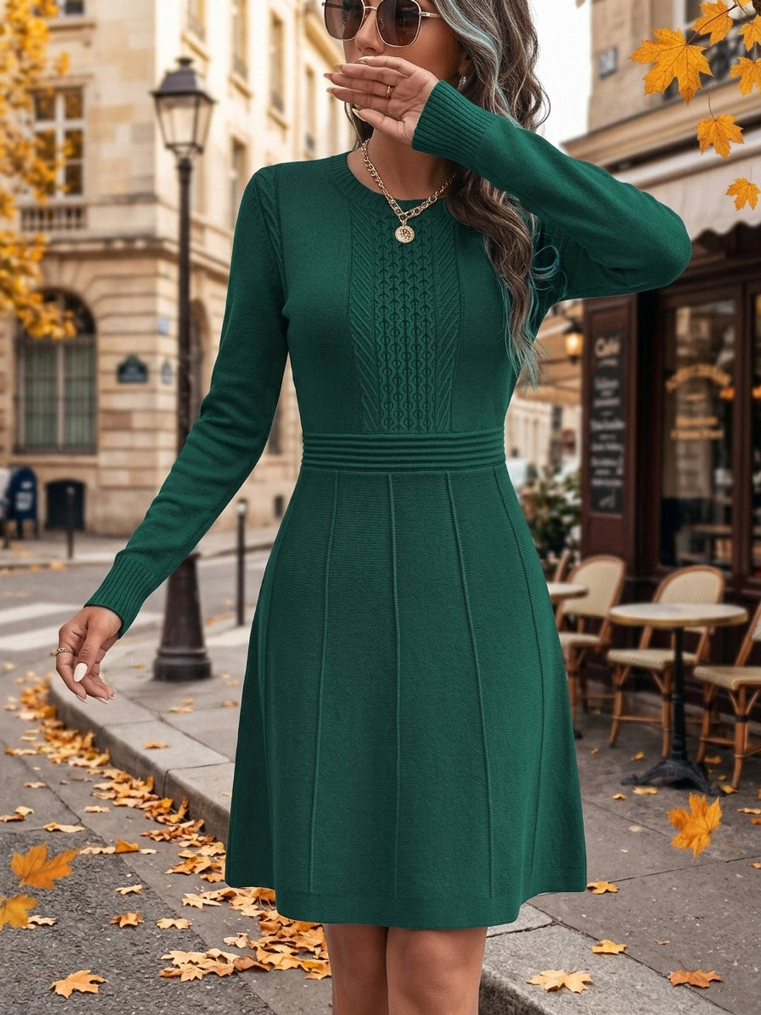 Rosalind Elegant A-Line Knit Dress, view 4 - Elena Harper