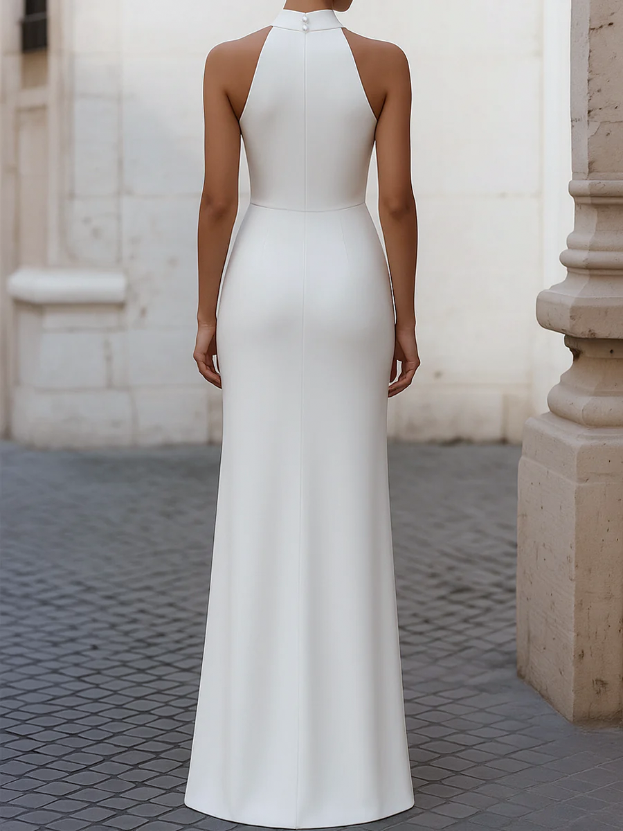 Elegant Satin Pleated Halter-Neck Evening Gown - Elena Harper