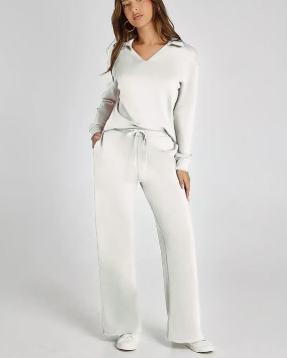 Autumn Women's Two-Piece Set with High Neck Sweatshirt and Wide Leg Pants