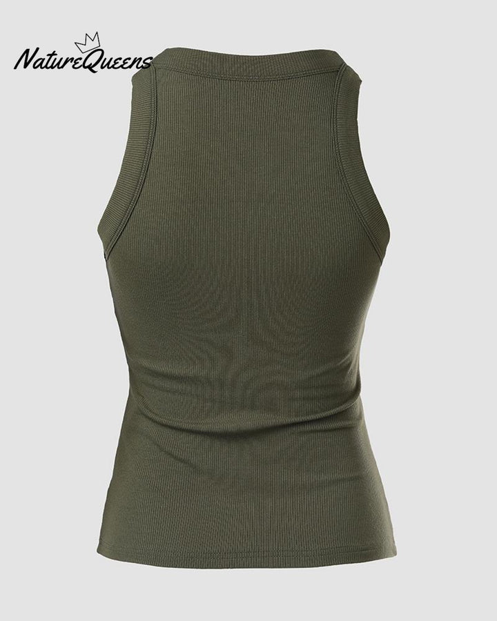 Round Neck Ribbed Tank Top With Bra Pads