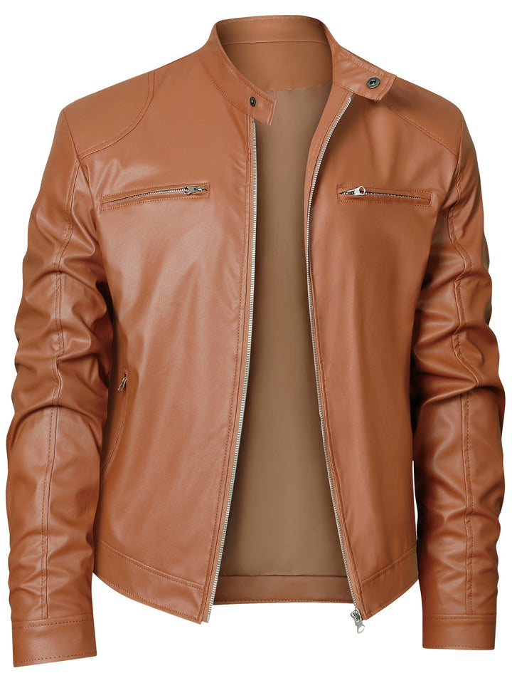 Roman Stand-Collar Moto Jacket, view 2 - Elena Harper