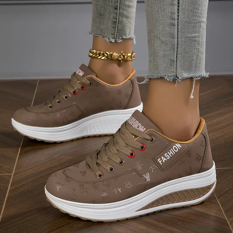 Women’s Sneakers with Wedge Sole, Synthetic Leather, Minimalist Laces