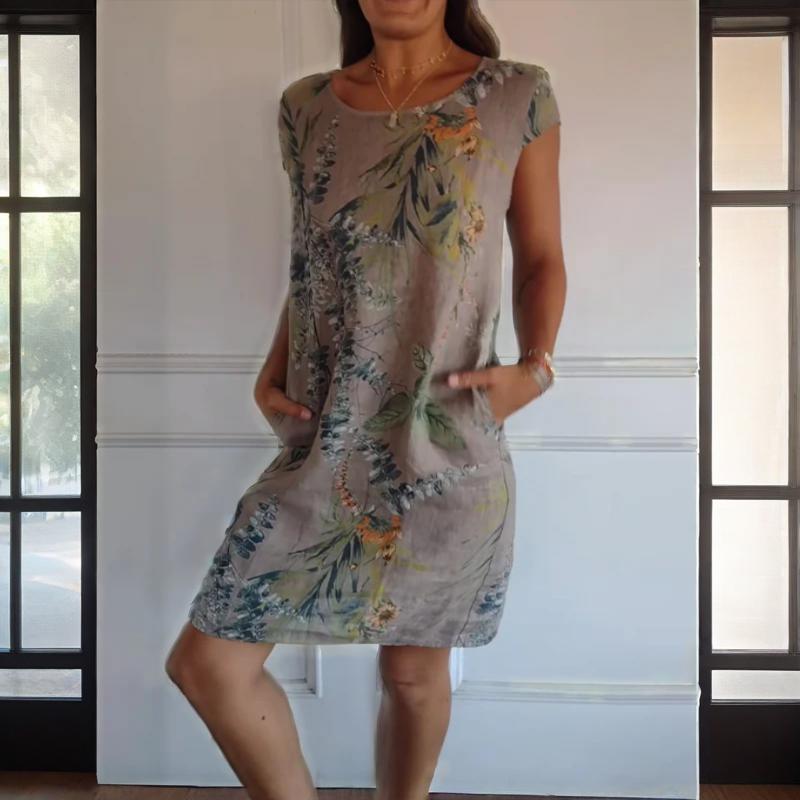 Teres Round Neck Dress with Botanical Print, view 3 - Elena Harper