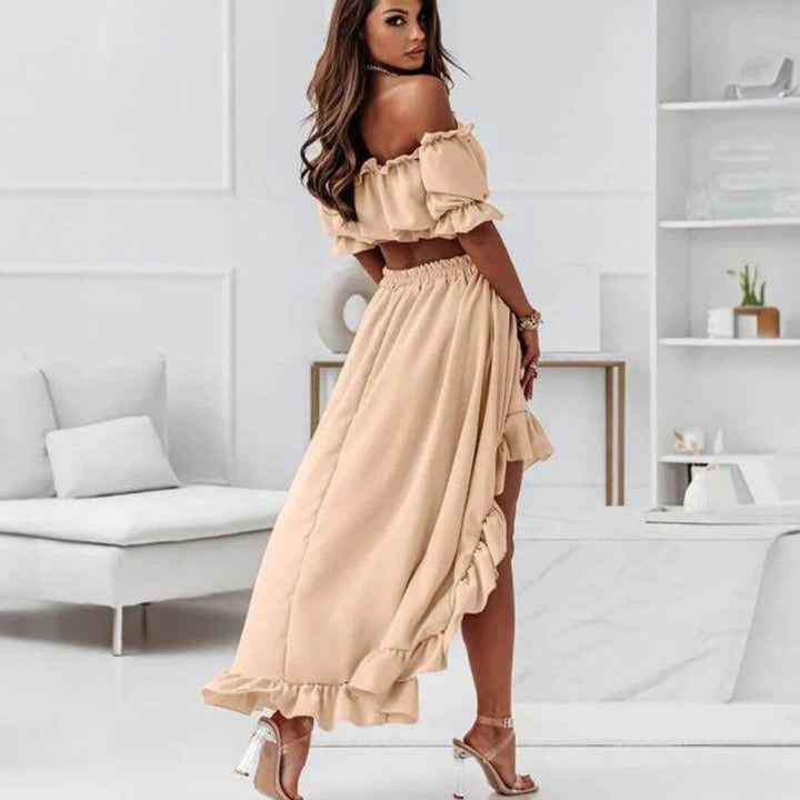 Women's Off-Shoulder Frill Crop Top & High-Low Skirt Set, view 4 - Elena Harper