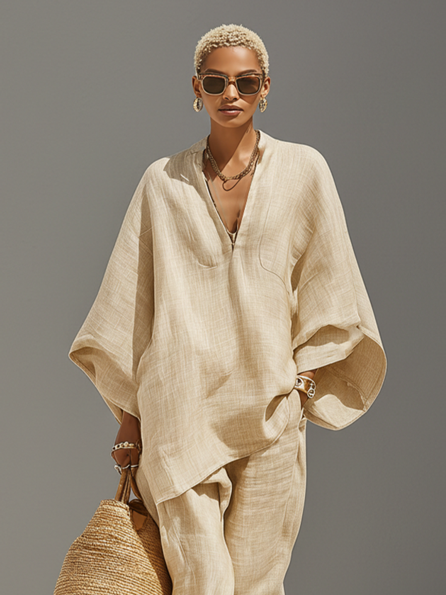 Neutral Linen Women's Set with Asymmetrical Hem and Minimalist Design, Sophisticated Daily-Casual Style Set