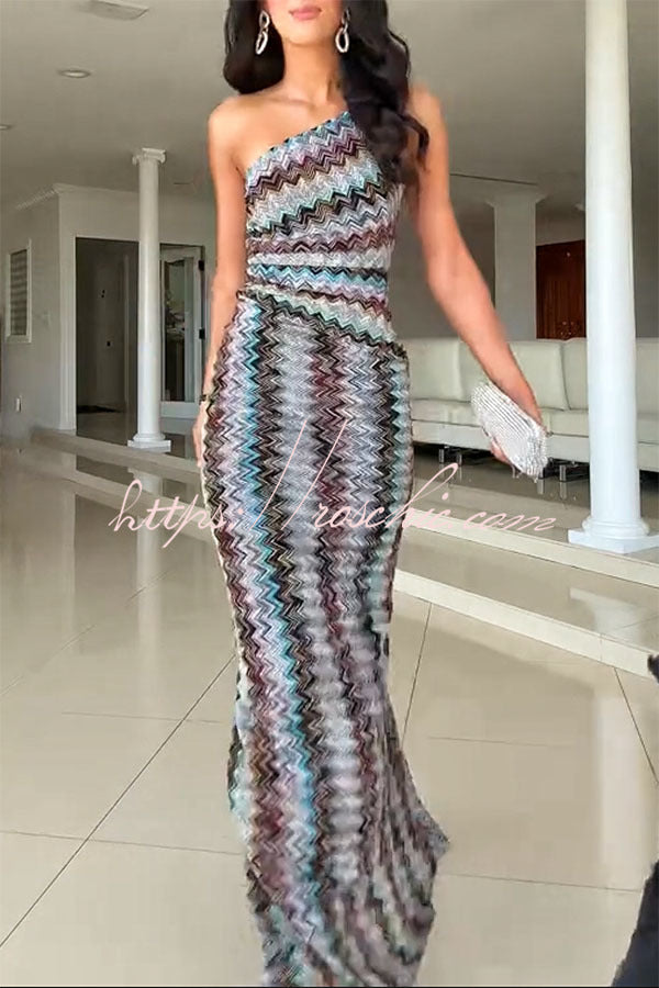 Cocktails and Vacation Knit Colorful Zigzag Pattern One Shoulder Slit Maxi Dress - Elena Harper