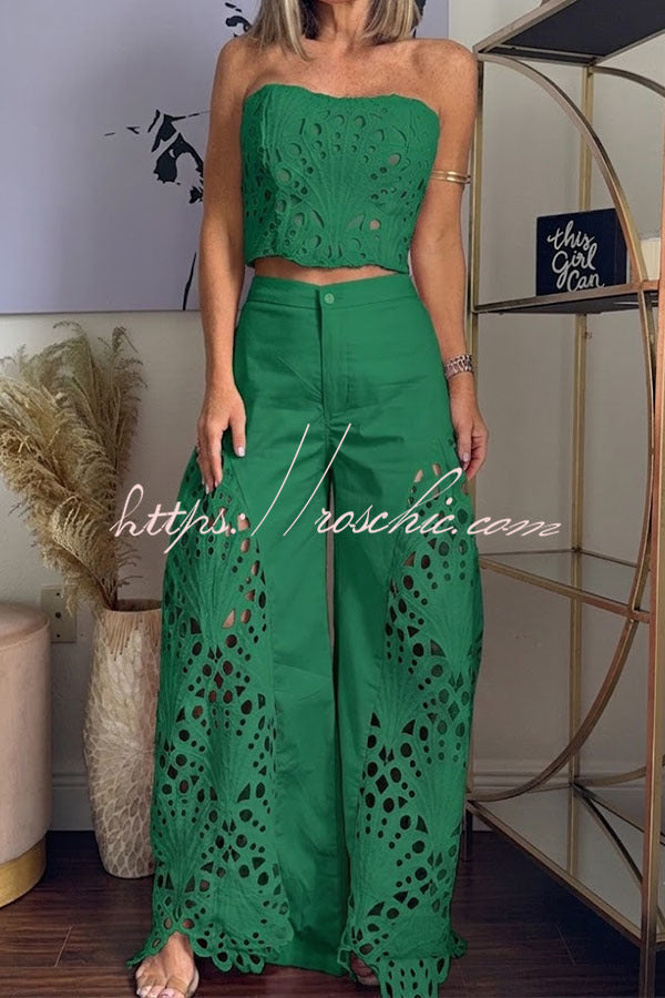 Sienna Embroidered Cut-Out Palazzo Pants Two-Piece Set, view 6 - Elena Harper