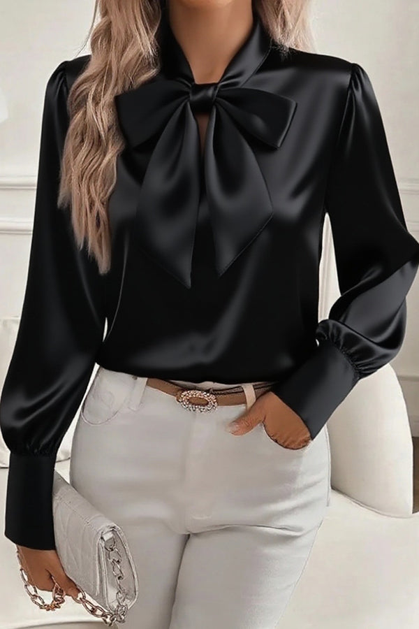 Satin Solid Color Casual Bow Long Sleeve Shirt