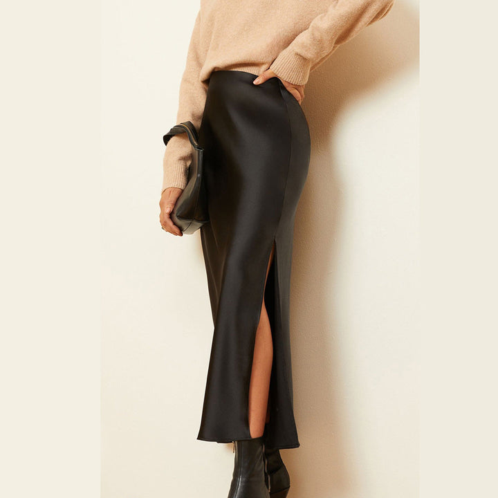 High-Waisted Midi Skirt with Asymmetrical Slit and Elastic