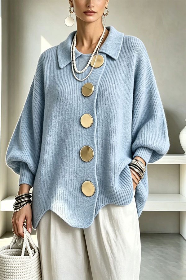 Shelia Knit Oversized Metal Buckle Balloon Sleeve Lapel Cardigan (Shipped Within 24 Hours)