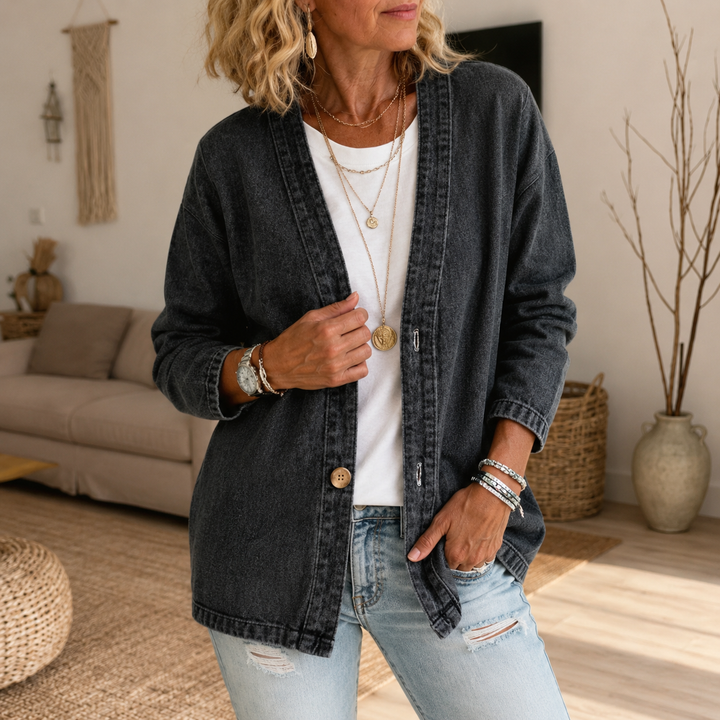 Drapella Collarless Soft-Denim-Look Button-Down Cardigan - Elena Harper