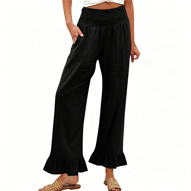Wide Leg Women's Smocked Waist Cotton Linen Ruffled Bottom Boho Pants