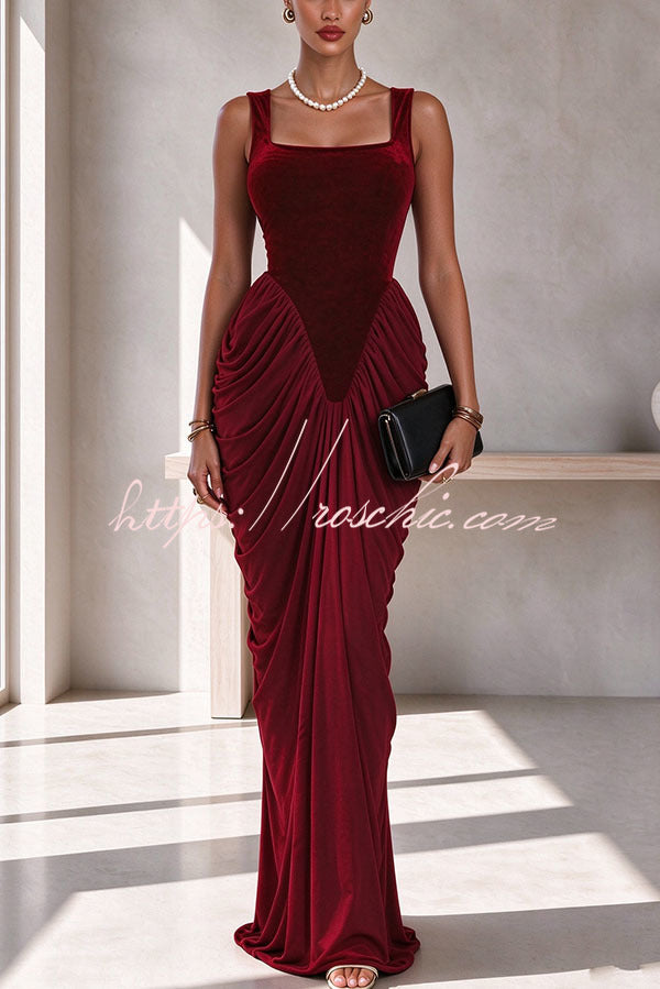 Eira Velvet Square Neck Ruched Drape Hem Maxi Dress