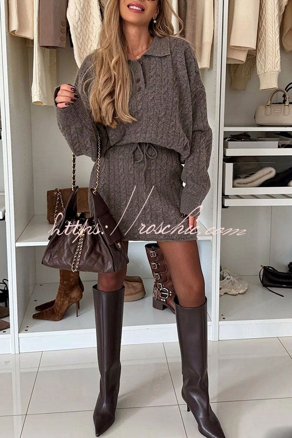 Tanya Cable Knit Button Lapel Loose Sweater and Elastic Waist Mini Skirt Set