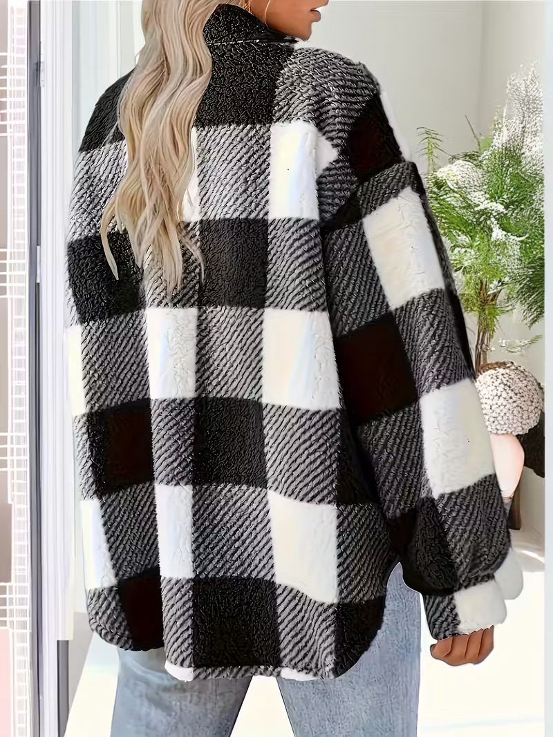 Women's Plaid Fleece Jacket with Buttons – Autumn Style