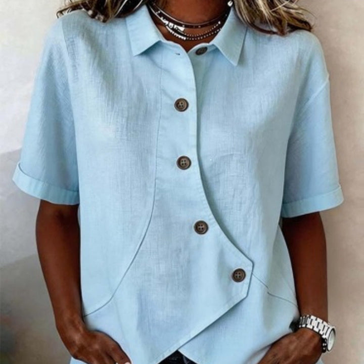 Women's Solid Color Shirt with Asymmetrical Buttoning and Short Sleeves
