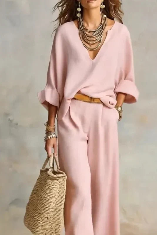 Fluid Women's Ensemble with V-Neck and Wide Pants