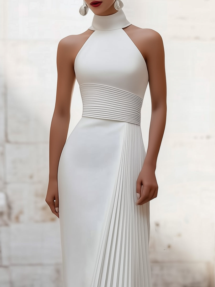 Elegant Satin Pleated Halter-Neck Evening Gown - Elena Harper