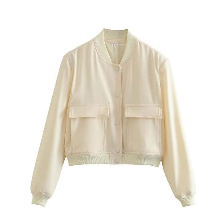 Women's Autumn Bomber Jacket with Front Pockets and Solid Color Design