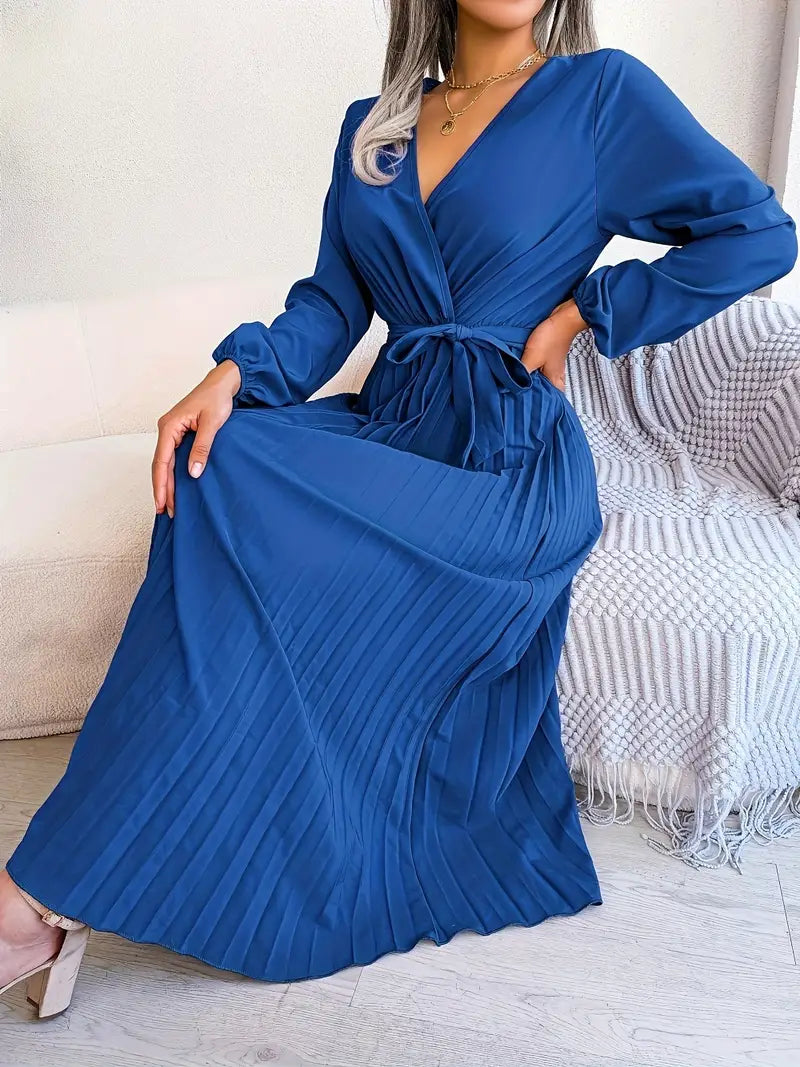 Women's Pleated Midi Wrap Dress – Long Sleeve V-Neck Elegant Style