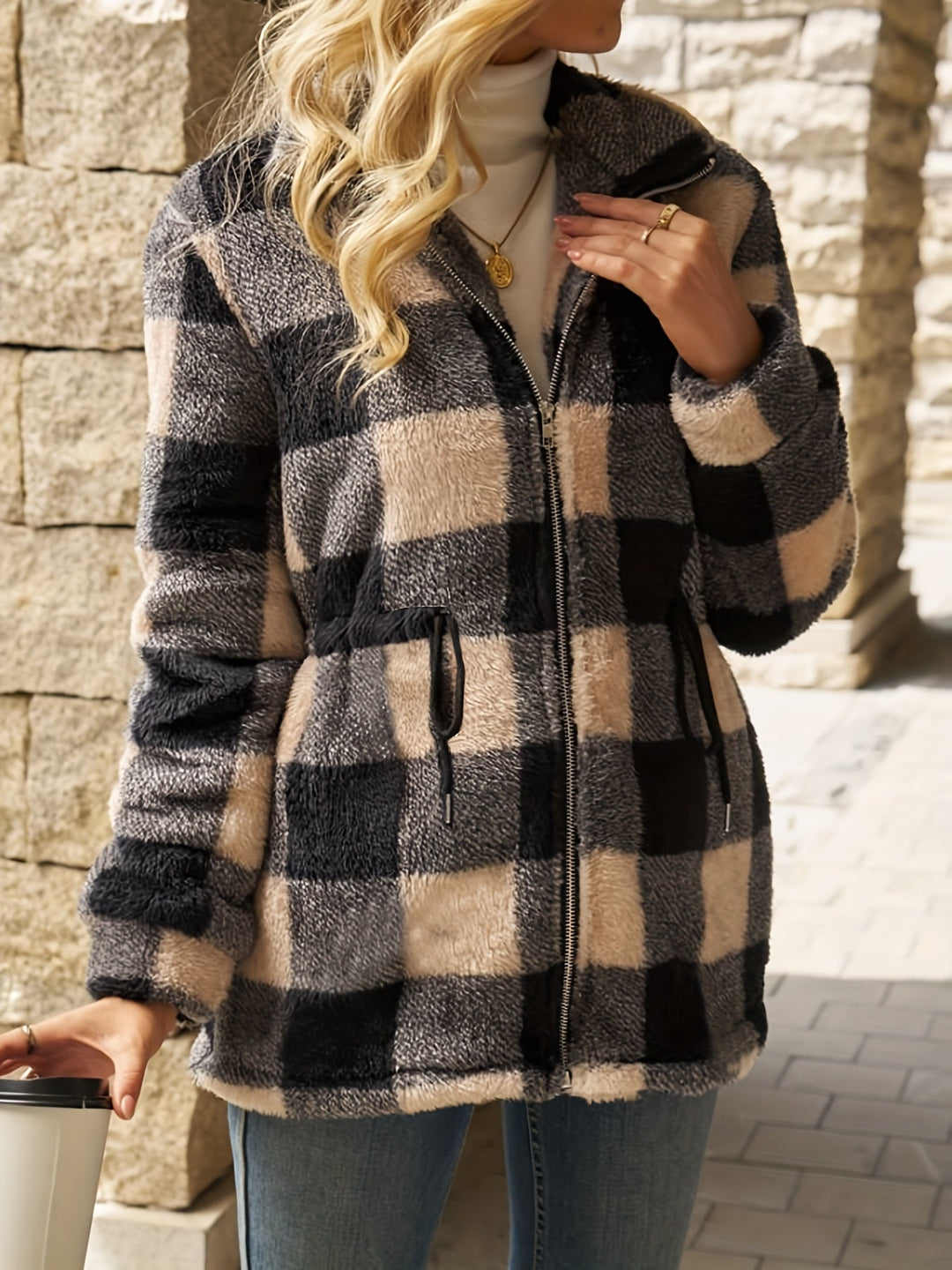 Women's Checkered Fleece Jacket with Hood and Zipper