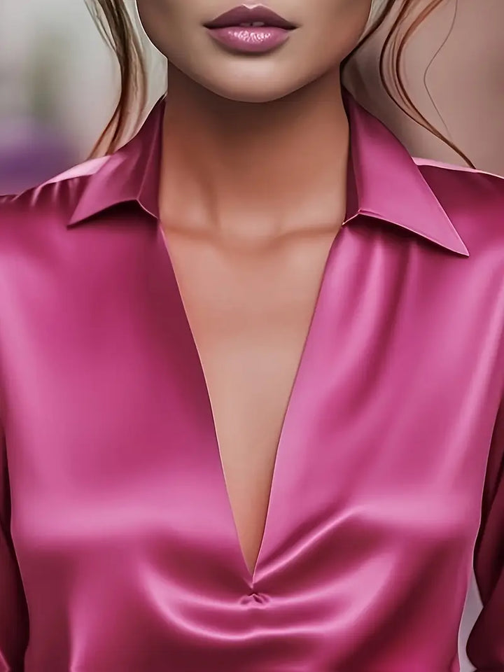 Women's Elegant Collared V-Neck Blouse - Long Sleeve