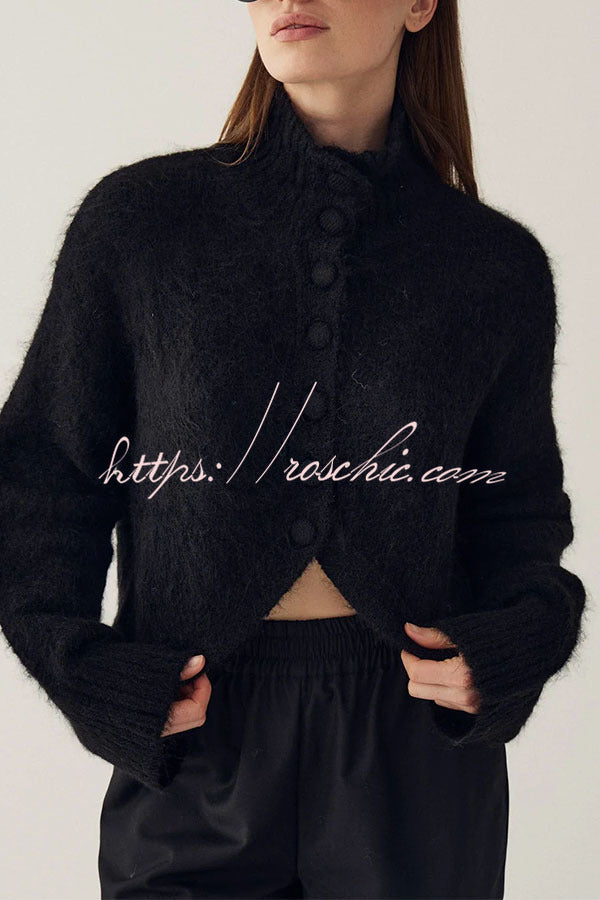 Martina Solid Color Knit High Neck Button Long Sleeve Wave Hem Crop Cardigan