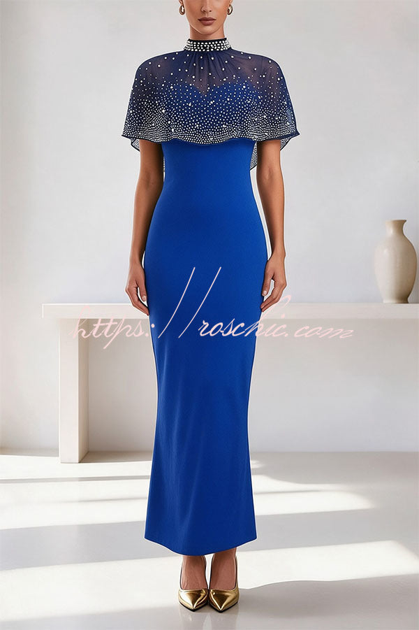 Grace Lady Sheer Pearl Details High-neck Cape Maxi Dress