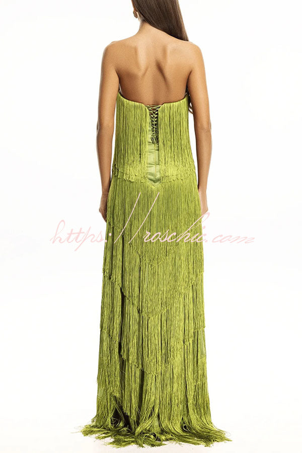 Party Queen Layered Tassel Design Off Shoulder Back Tie-up Maxi Dress (Shipped Within 24 Hours)
