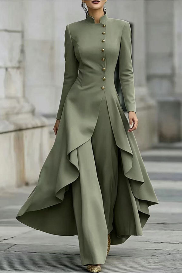 Jemma Stand Neck Long Sleeve Button High Low Hem Top and Wide Leg Pants Set (Shipped Within 24 Hours)