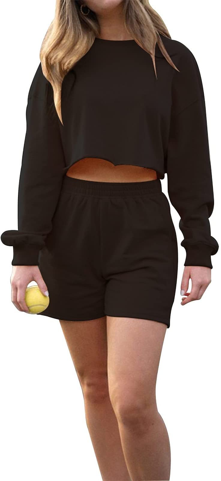 Women's Two-Piece Sports Set: Long Sleeve Sweater and Solid Color Shorts