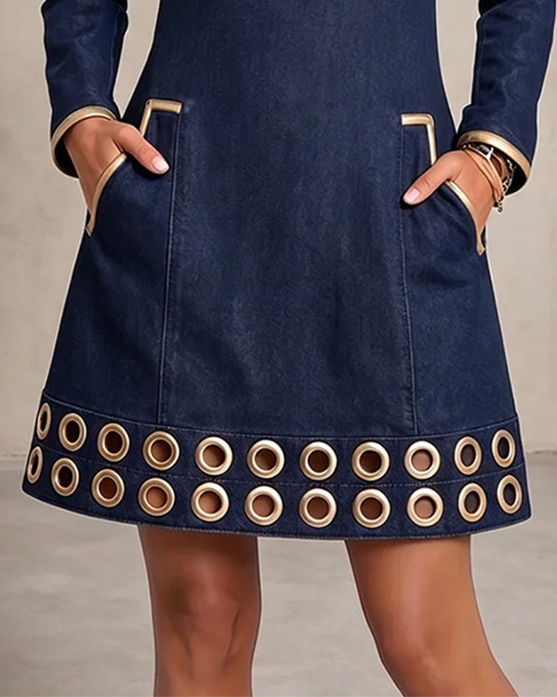 Short denim dress for women with zip collar and eyelets