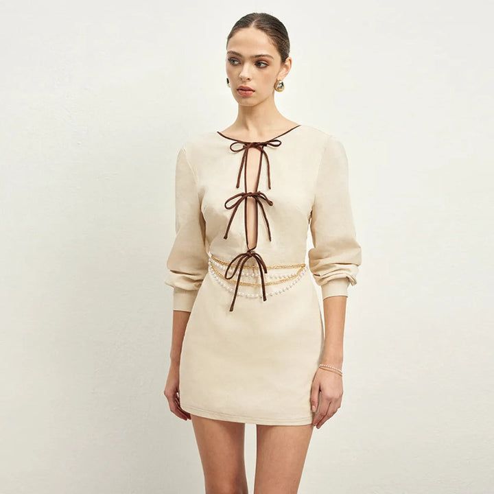 Short linen dress for women with decorative bows in elegant style - Renata