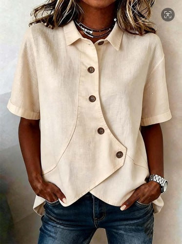 Women's Solid Color Shirt with Asymmetrical Buttoning and Short Sleeves