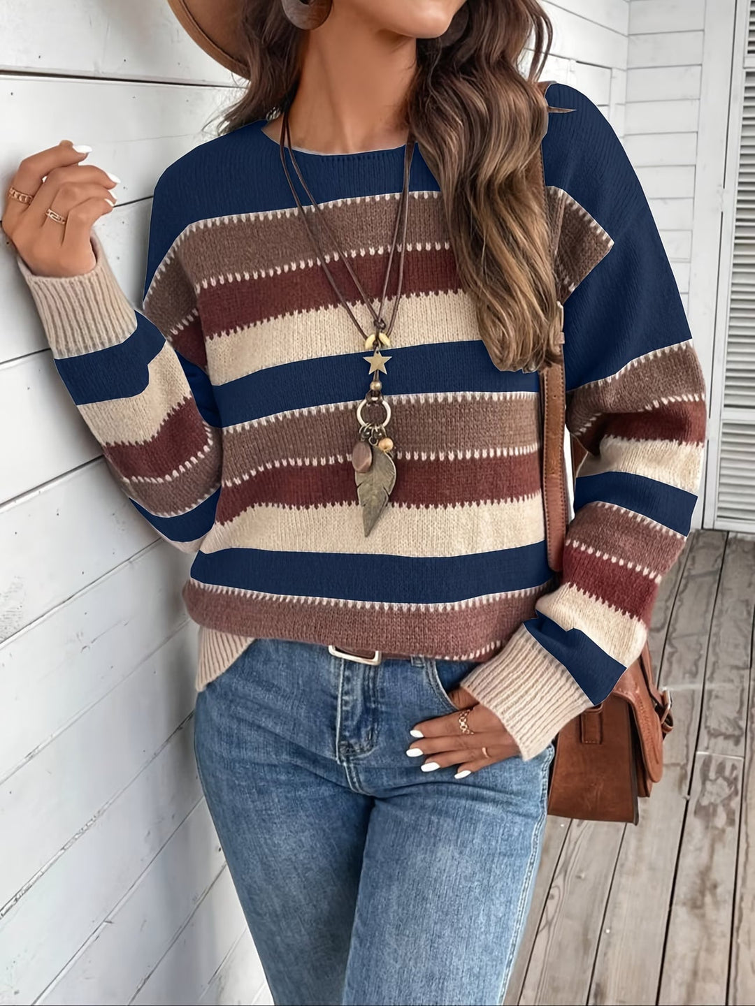Women's Striped Knit Sweater with Round Neck