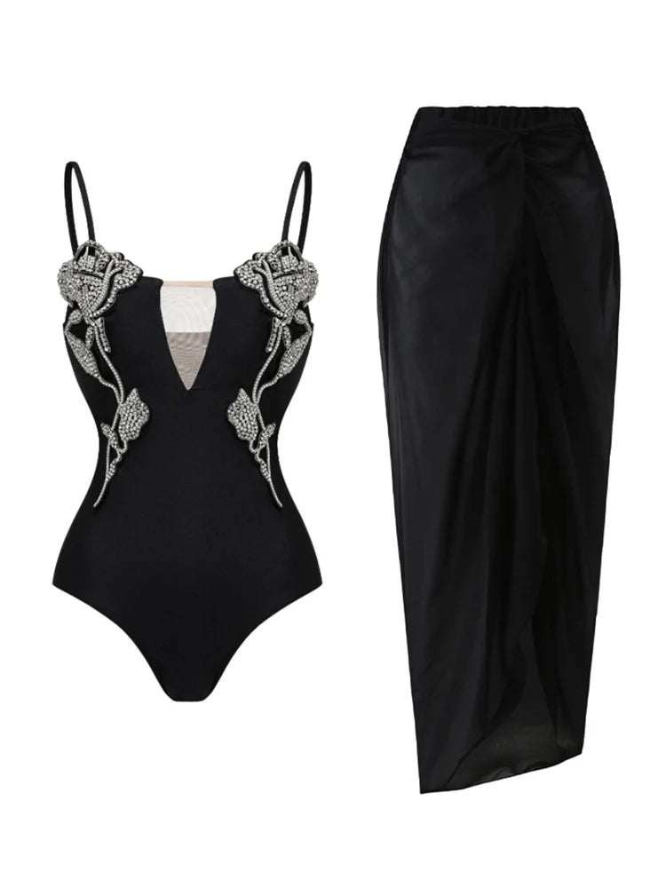 Rhinestone Rose One-Piece Swimsuit