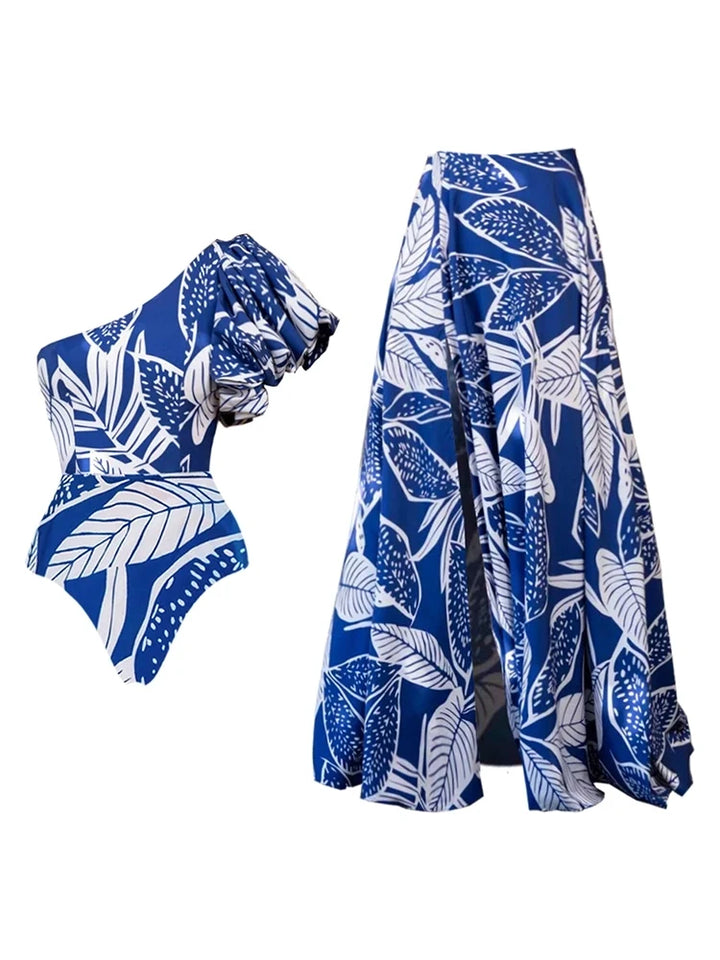 One-Shoulder Ruffle Floral Swimsuit Set, view 4 - Elena Harper