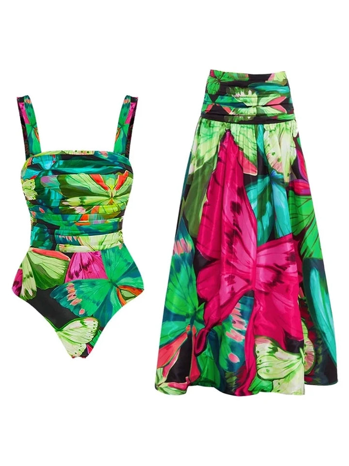 Butterfly Print Ruched Slimming Swimsuit Set