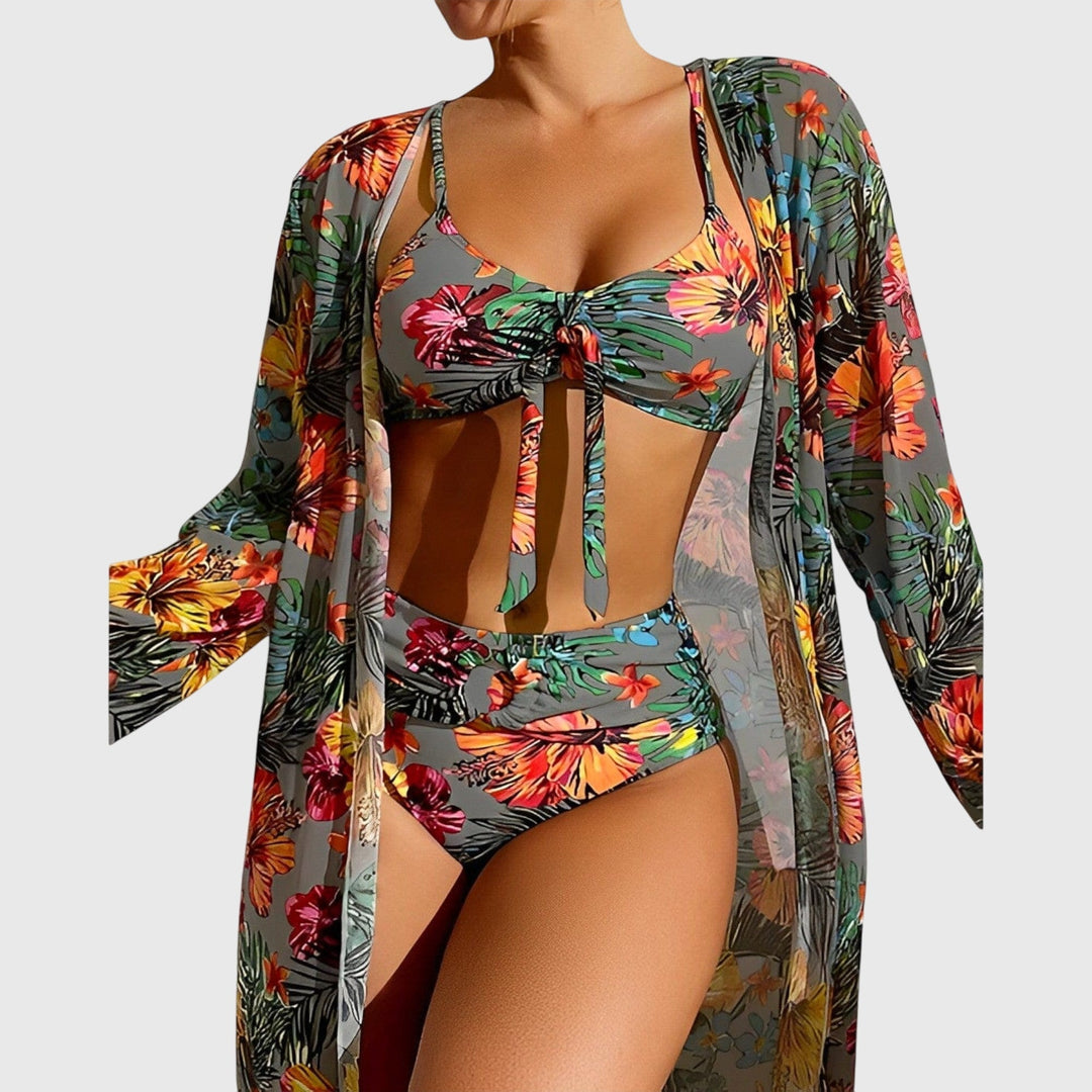 Three-Piece Women's Bikini Tropical Print Knotted Top Matching Kimono