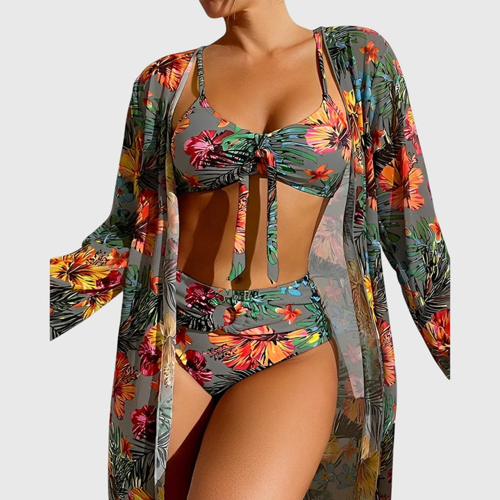 Three-Piece Women's Bikini Tropical Print Knotted Top Matching Kimono