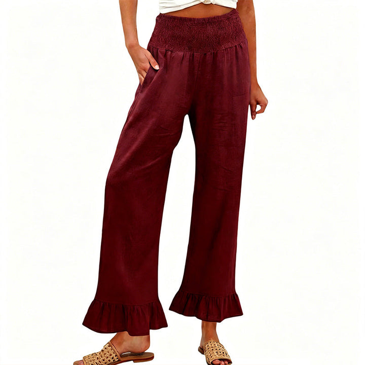 Wide Leg Women's Smocked Waist Cotton Linen Ruffled Bottom Boho Pants