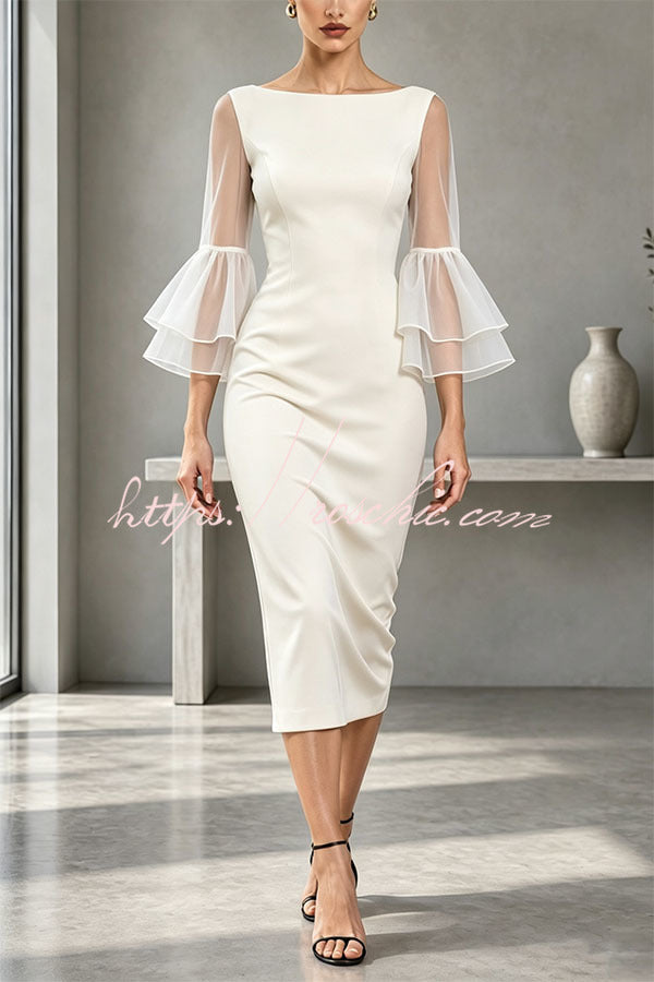 Formal Boat Neck Sheer Double Layer Bell Sleeve Bodycon Midi Dress