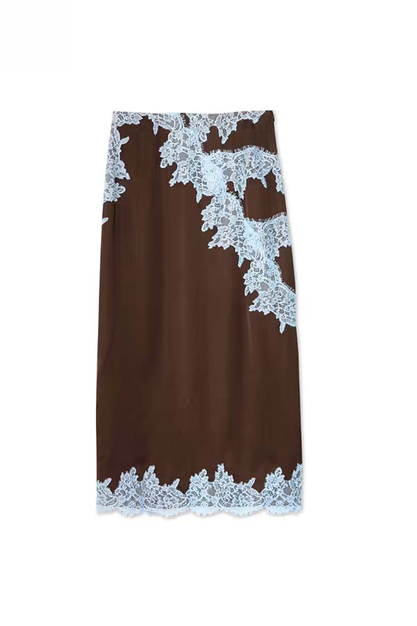 Sunday Social Contrast Color Satin Lace Trim Mid Rise Maxi Skirt (Shipped Within 24 Hours), view 8 - Elena Harper