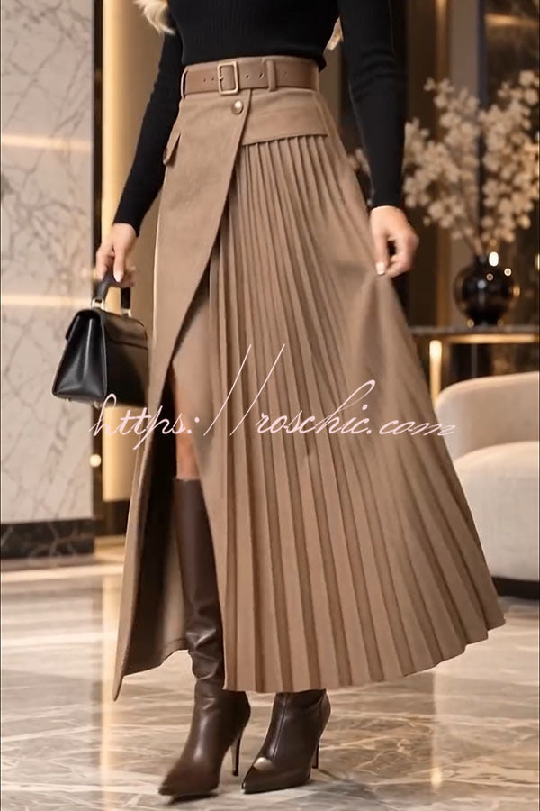 Distinctive Style High Rise Pocketed Pleated Hem Slit Maxi Skirt