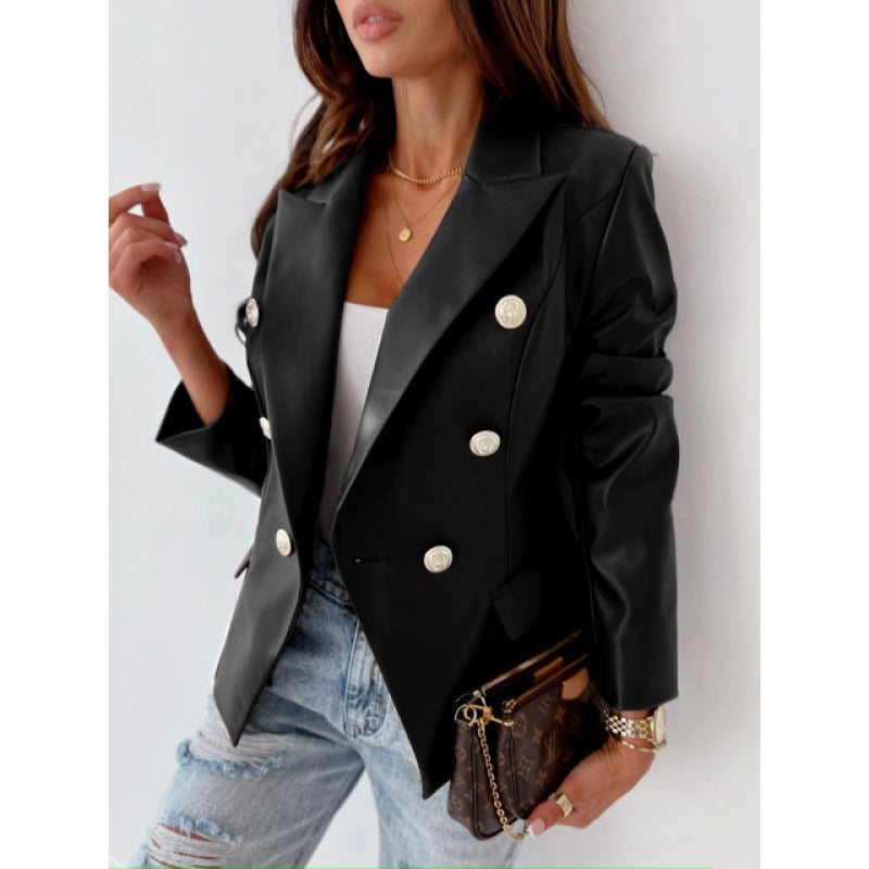 Women's Long Sleeve Double-Breasted Synthetic Leather Blazer – Chic, Elegant, Casual, and Dressy Style