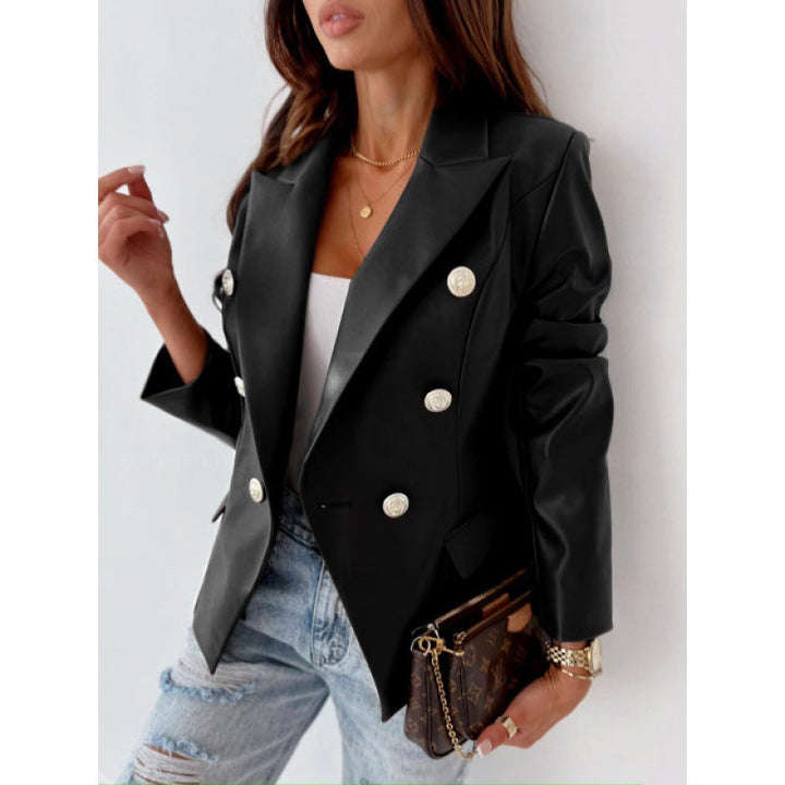 Women's Long Sleeve Double-Breasted Synthetic Leather Blazer – Chic, Elegant, Casual, and Dressy Style