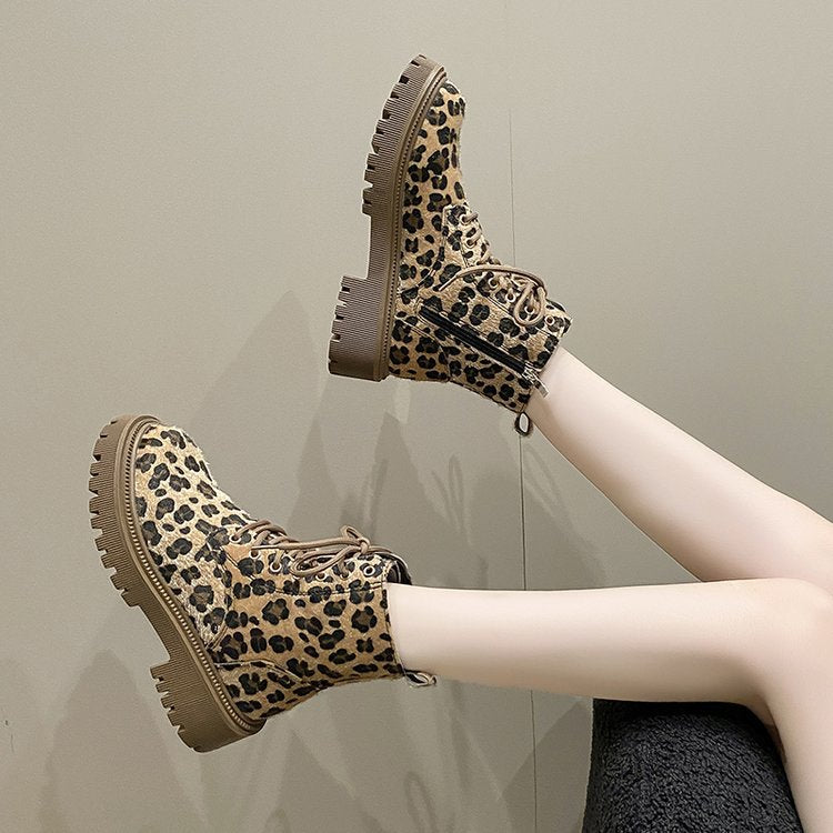 Women's Winter Lace-Up Ankle Boots with Animal Print - Samantha