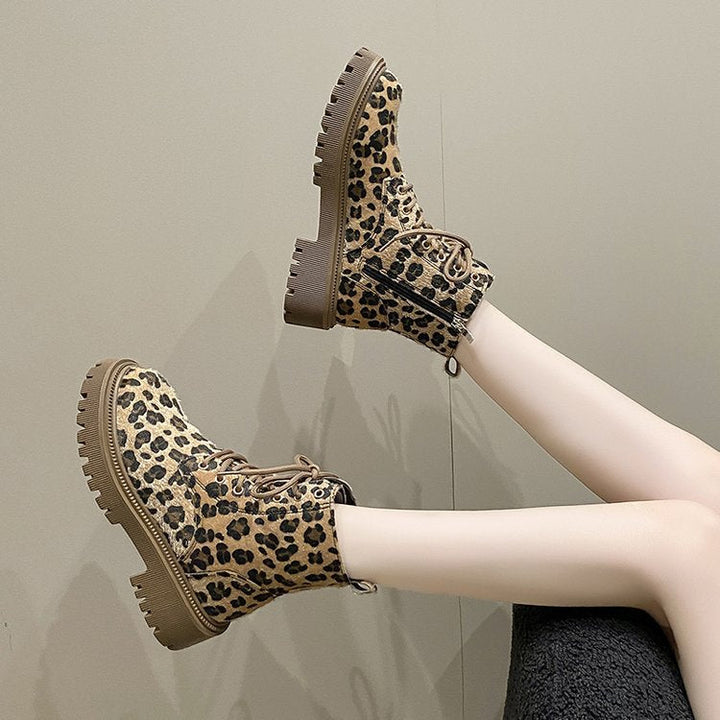 Women's Winter Lace-Up Ankle Boots with Animal Print - Samantha